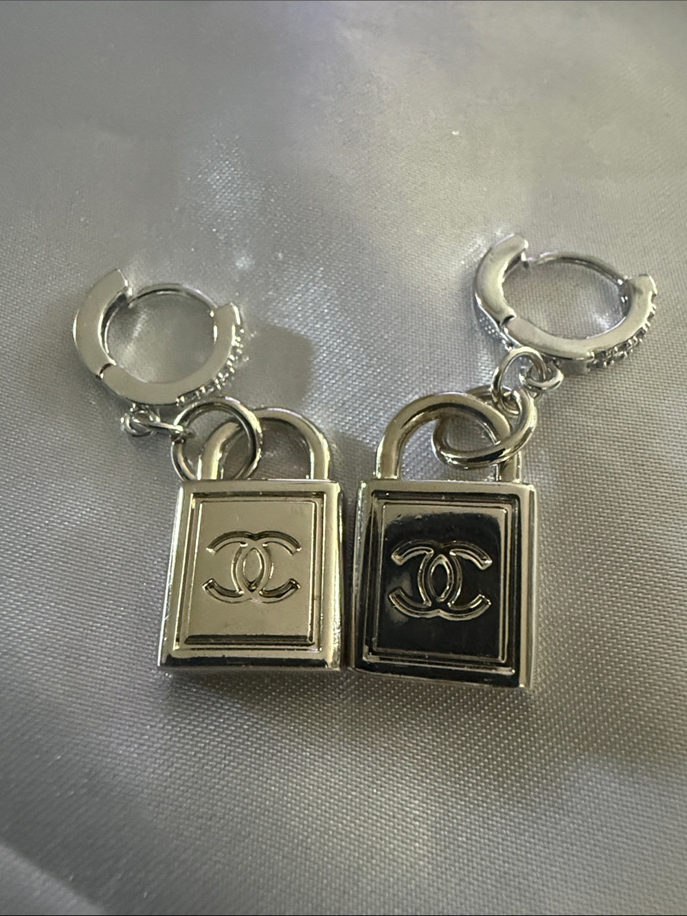 Silver Padlock Drop Earrings with Crystal-Accented Hoops - Picture 7 of 8